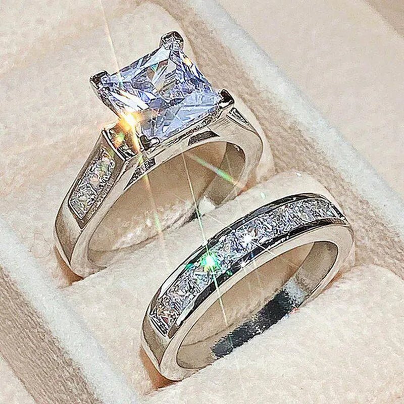 2PCS/Set Charm Crystal Natural Gemstones White Sapphire Diamond Silver Ring Set Anniversary Gift Engagement Bridal Wedding Rings Jewelry For Women Ladies Size 5-10