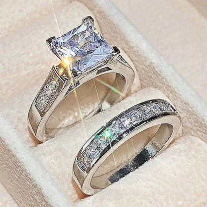 2PCS/Set Charm Crystal Natural Gemstones White Sapphire Diamond Silver Ring Set Anniversary Gift Engagement Bridal Wedding Rings Jewelry For Women Ladies Size 5-10