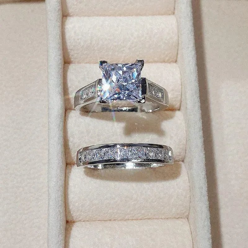 2PCS/Set Charm Crystal Natural Gemstones White Sapphire Diamond Silver Ring Set Anniversary Gift Engagement Bridal Wedding Rings Jewelry For Women Ladies Size 5-10