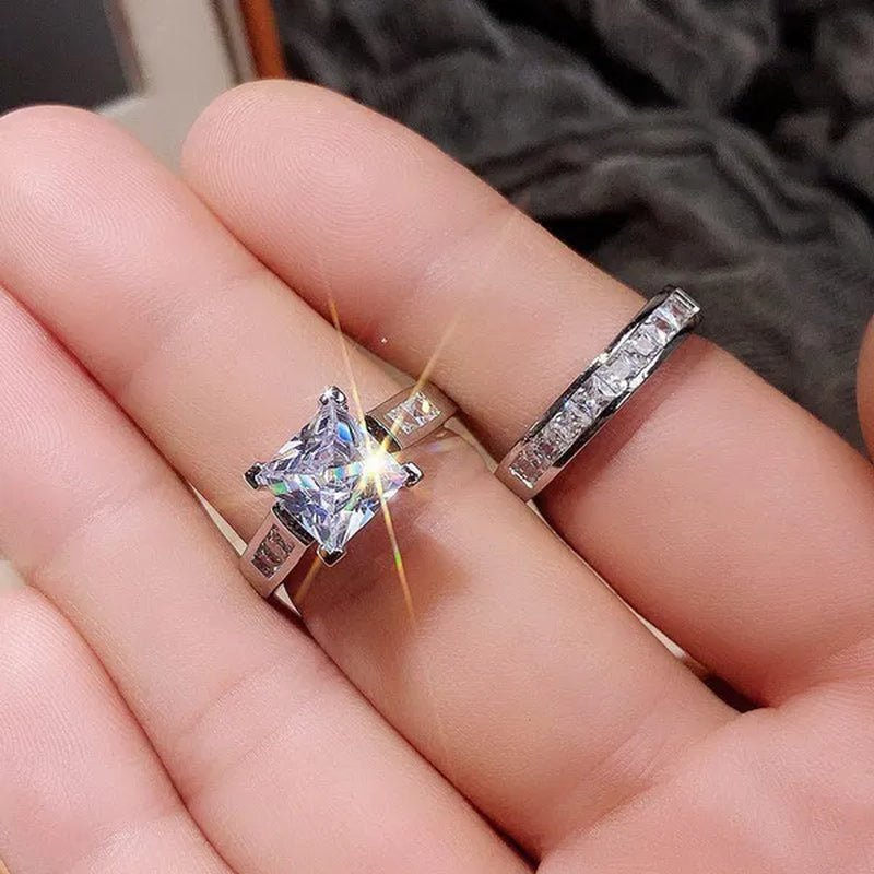 2PCS/Set Charm Crystal Natural Gemstones White Sapphire Diamond Silver Ring Set Anniversary Gift Engagement Bridal Wedding Rings Jewelry For Women Ladies Size 5-10