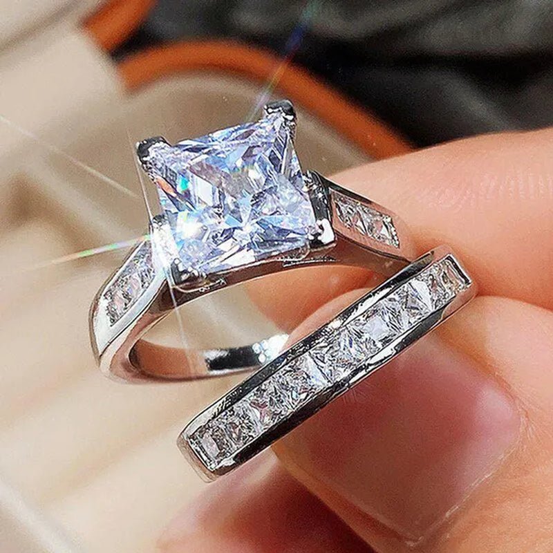 2PCS/Set Charm Crystal Natural Gemstones White Sapphire Diamond Silver Ring Set Anniversary Gift Engagement Bridal Wedding Rings Jewelry For Women Ladies Size 5 - 10 - WORLD TIME VISITS
