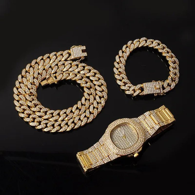 3 Colors 13MM Iced Out Chain Hip Hop Watch Necklace Bracelet Bling Miami Cuban Link Chain Mens Jewelry Set Relojes Hombre - WORLD TIME VISITS
