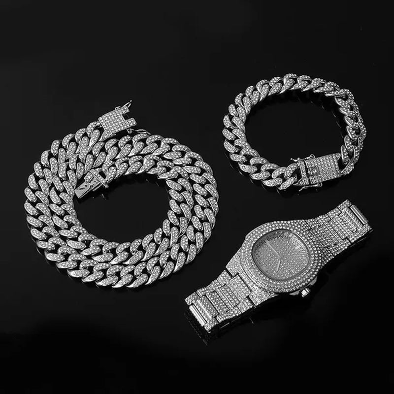3 Colors 13MM Iced Out Chain Hip Hop Watch Necklace Bracelet Bling Miami Cuban Link Chain Mens Jewelry Set Relojes Hombre - WORLD TIME VISITS