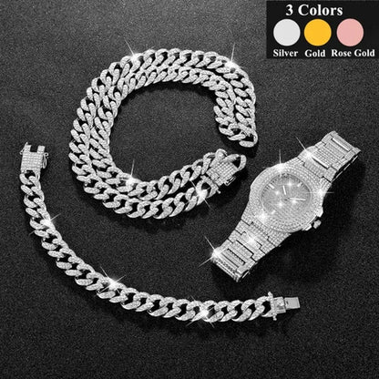 3 Colors 13MM Iced Out Chain Hip Hop Watch Necklace Bracelet Bling Miami Cuban Link Chain Mens Jewelry Set Relojes Hombre - WORLD TIME VISITS