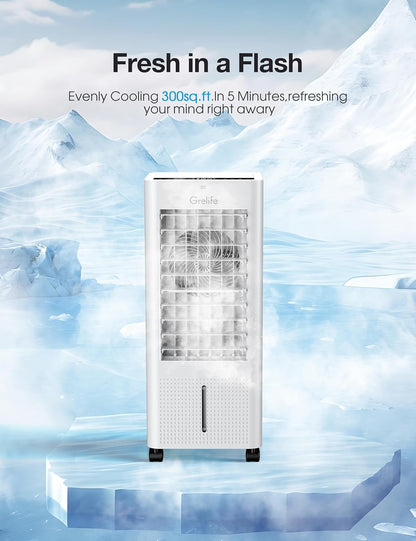 3-IN-1 Portable Evaporative Air Cooler,Grelife Air Cooler Cooling Fan with 4 Ice Packs,12H Timer,1.58Gal Water Tank,Remote Control,3 Modes,3 Speeds, Personal Swamp Cooler for Bedroom Home Office