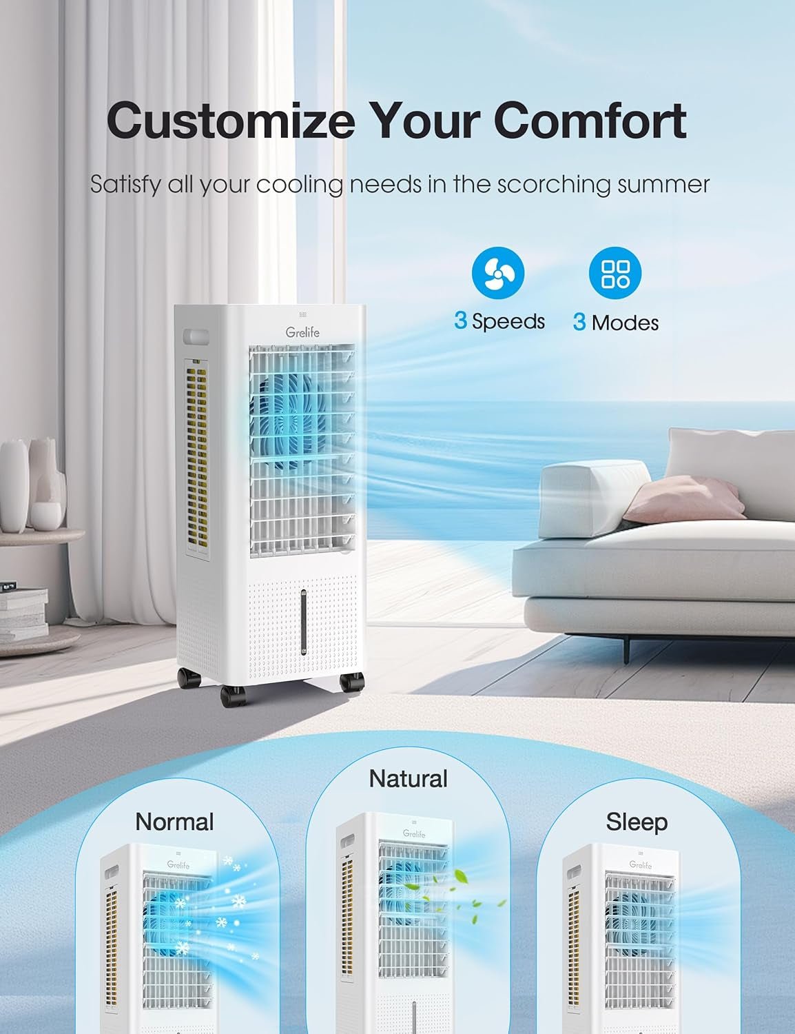 3-IN-1 Portable Evaporative Air Cooler,Grelife Air Cooler Cooling Fan with 4 Ice Packs,12H Timer,1.58Gal Water Tank,Remote Control,3 Modes,3 Speeds, Personal Swamp Cooler for Bedroom Home Office