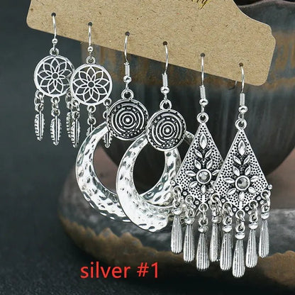 3 Pairs Women's Fashion Jewelry Vintage Bohemian Ethnic Carved Dangle Earrings for Women Charm Geometry Leaves Hoop Earring Wedding Engagement Party Banquet Earrings