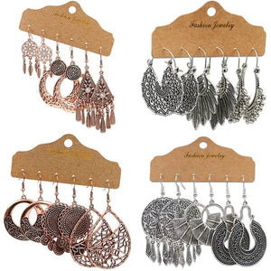 3 Pairs Women's Fashion Jewelry Vintage Bohemian Ethnic Carved Dangle Earrings for Women Charm Geometry Leaves Hoop Earring Wedding Engagement Party Banquet Earrings