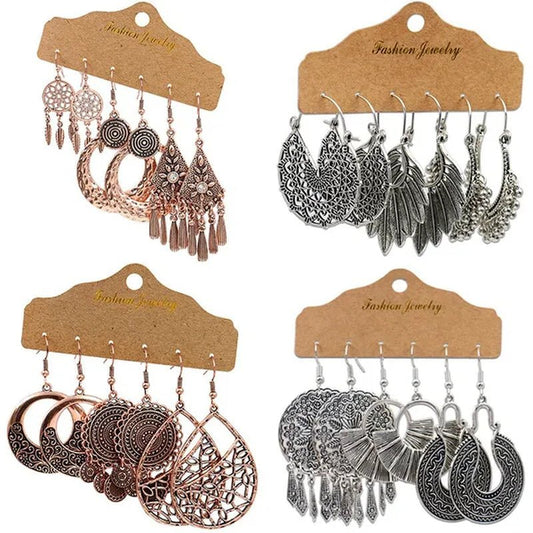 3 Pairs Women's Fashion Jewelry Vintage Bohemian Ethnic Carved Dangle Earrings for Women Charm Geometry Leaves Hoop Earring Wedding Engagement Party Banquet Earrings - WORLD TIME VISITS