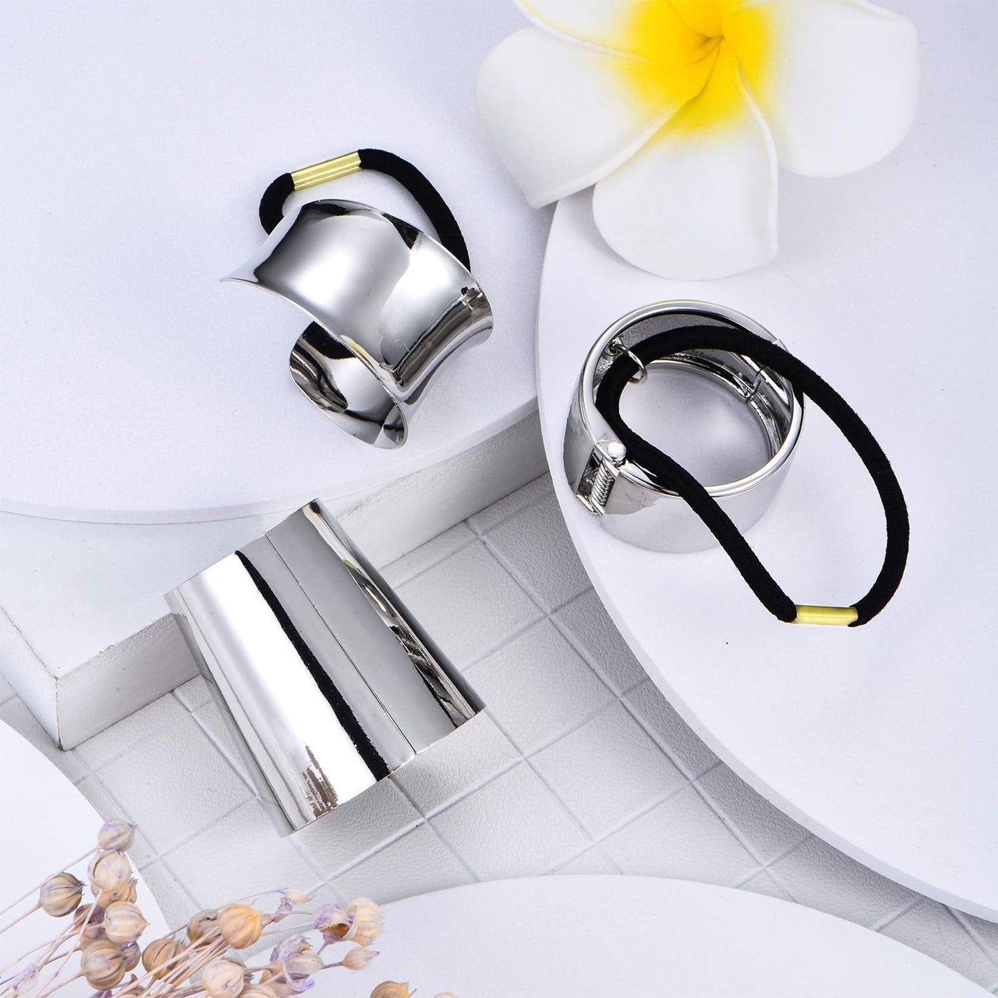 3 Pieces Metal Circle Hair Cuff Elastic Hair Band Ties Ponytail Holder Rope Accessory for Women Girls, 3 Styles(Silver)