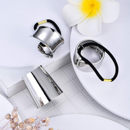 3 Pieces Metal Circle Hair Cuff Elastic Hair Band Ties Ponytail Holder Rope Accessory for Women Girls, 3 Styles(Silver)
