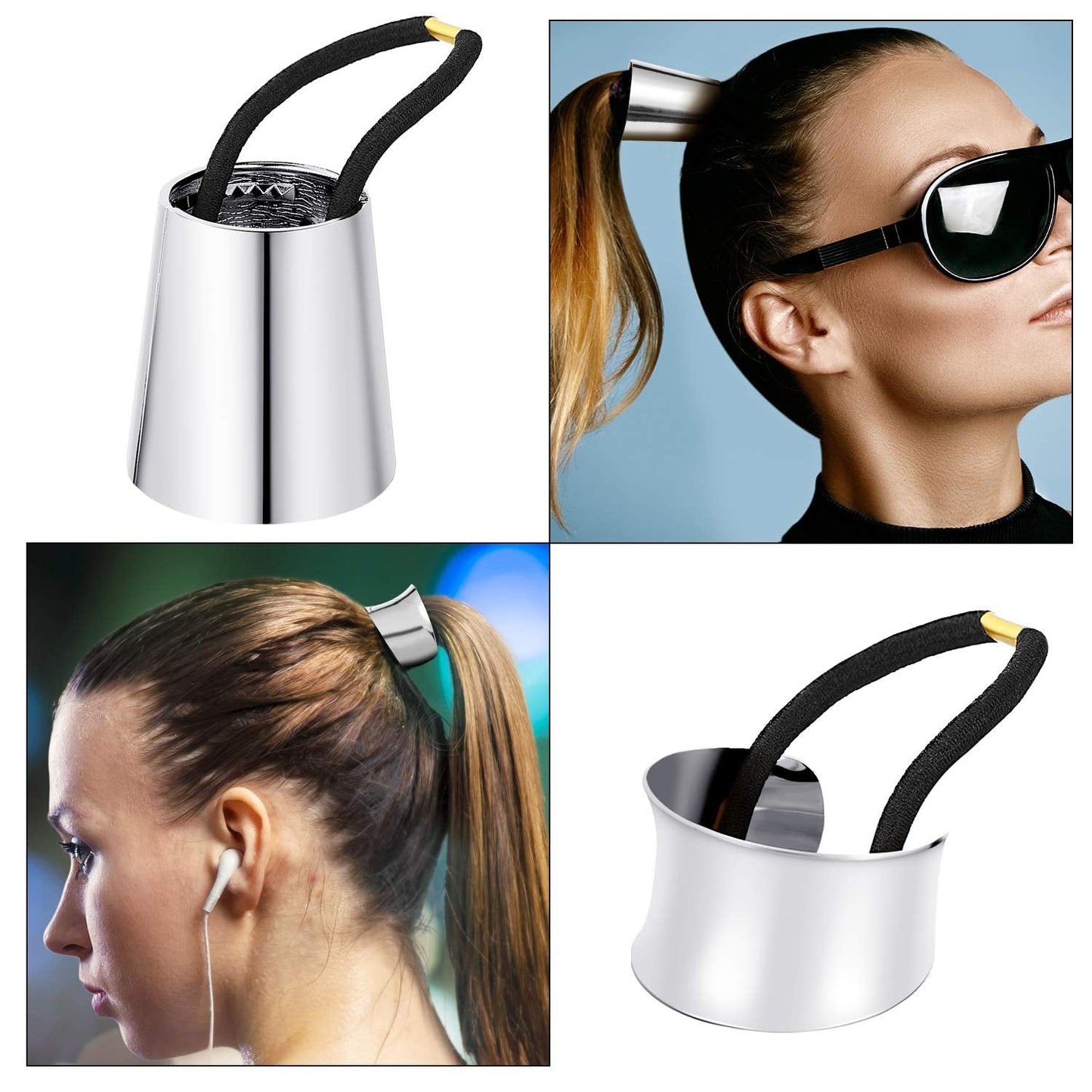 3 Pieces Metal Circle Hair Cuff Elastic Hair Band Ties Ponytail Holder Rope Accessory for Women Girls, 3 Styles(Silver)