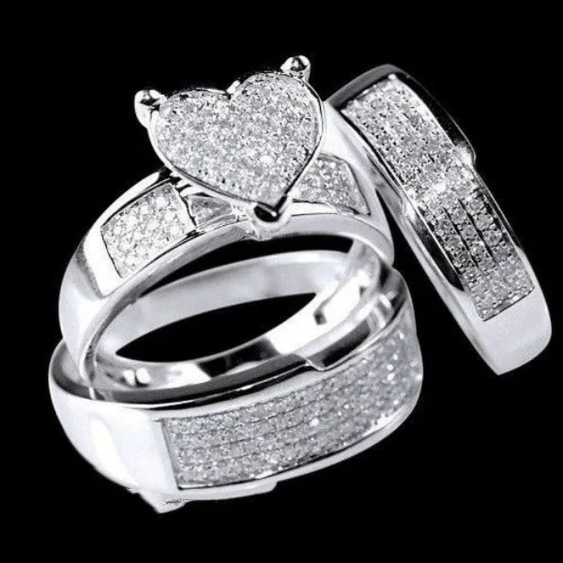 3 pieces / set of super beautiful heart - shaped ring jewelry exquisite women's 925 sterling silver filled natural white sapphire gemstone diamond ring set anniversary gift bride engagement wedding ring jewelry set - WORLD TIME VISITS