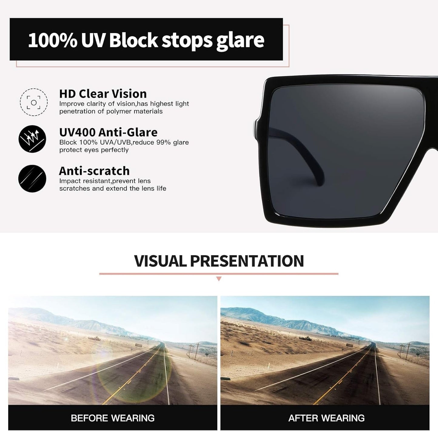 3 Pieces Sunglasses for Women Men Large Frame Retro Square Glasses