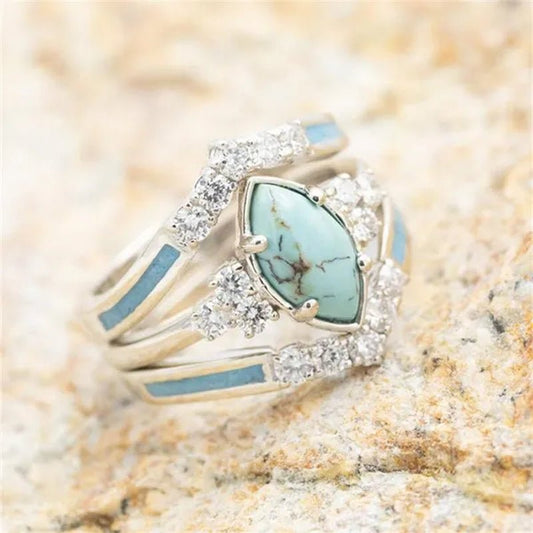 3 Pieces/Set Womens Gold Plated Multilayer Hollow Turquoise Rings with Delicate Moissanite Engagement Wedding Rings Anniversary Birthday Christmas Gift Jewelry Sizes 5 - 11 - WORLD TIME VISITS