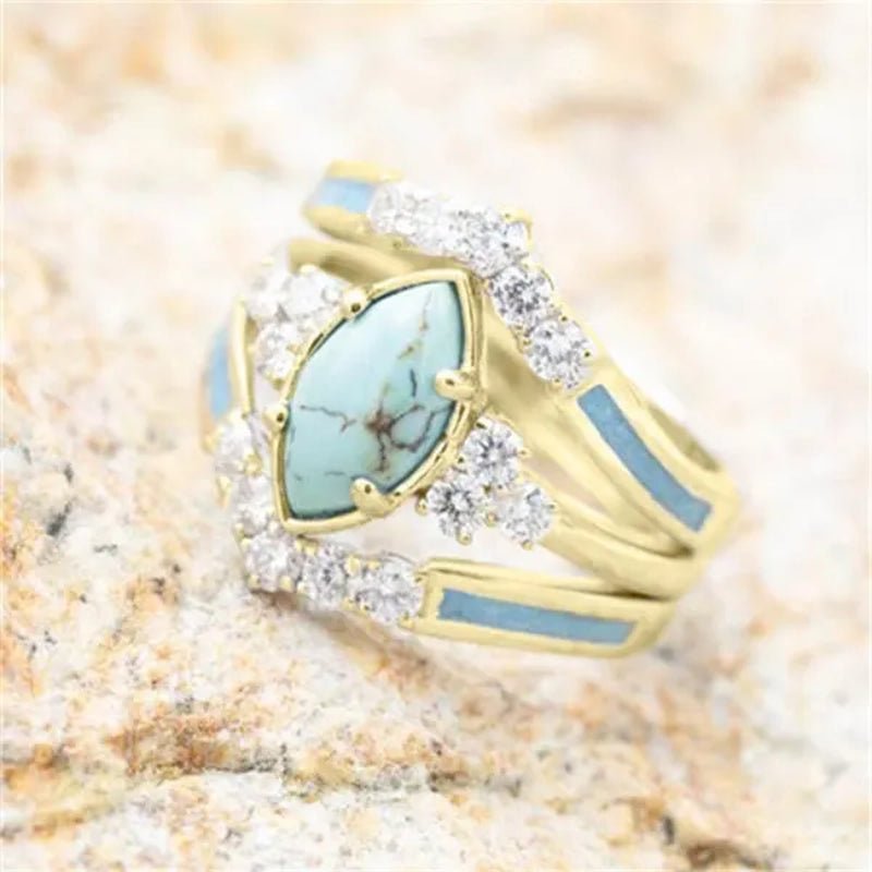 3 Pieces/Set Womens Gold Plated Multilayer Hollow Turquoise Rings with Delicate Moissanite Engagement Wedding Rings Anniversary Birthday Christmas Gift Jewelry Sizes 5-11