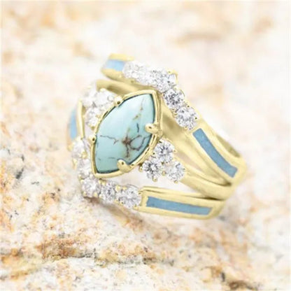 3 Pieces/Set Womens Gold Plated Multilayer Hollow Turquoise Rings with Delicate Moissanite Engagement Wedding Rings Anniversary Birthday Christmas Gift Jewelry Sizes 5-11