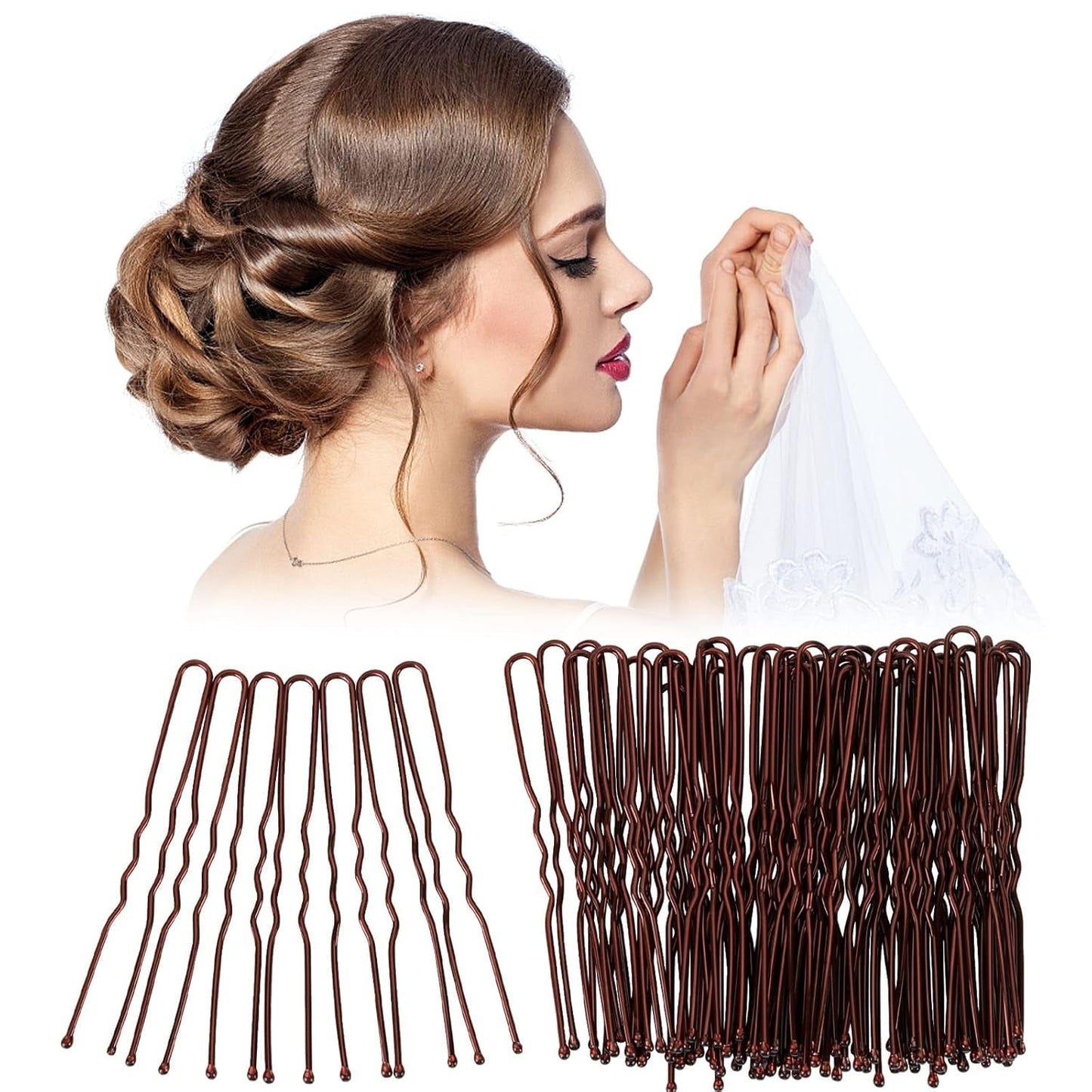 300 Hair Bun Bobby Pins U Shaped Pin Hair Grips to Clip Ballet Hair Net for Women 6 CM/2.3 Inch Brown