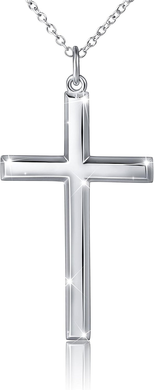 S925 Sterling Silver Large Cross Christian Faith Pendant Necklace 24 Inches Silver Chain Jewelry for Men Women