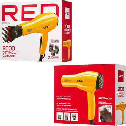 2000 Ceramic Hair Dryer, Professional Salon Blow Dryer 3 Attachments Included, 2 Detangler Piks, 1 Air Concentrator (Yellow)