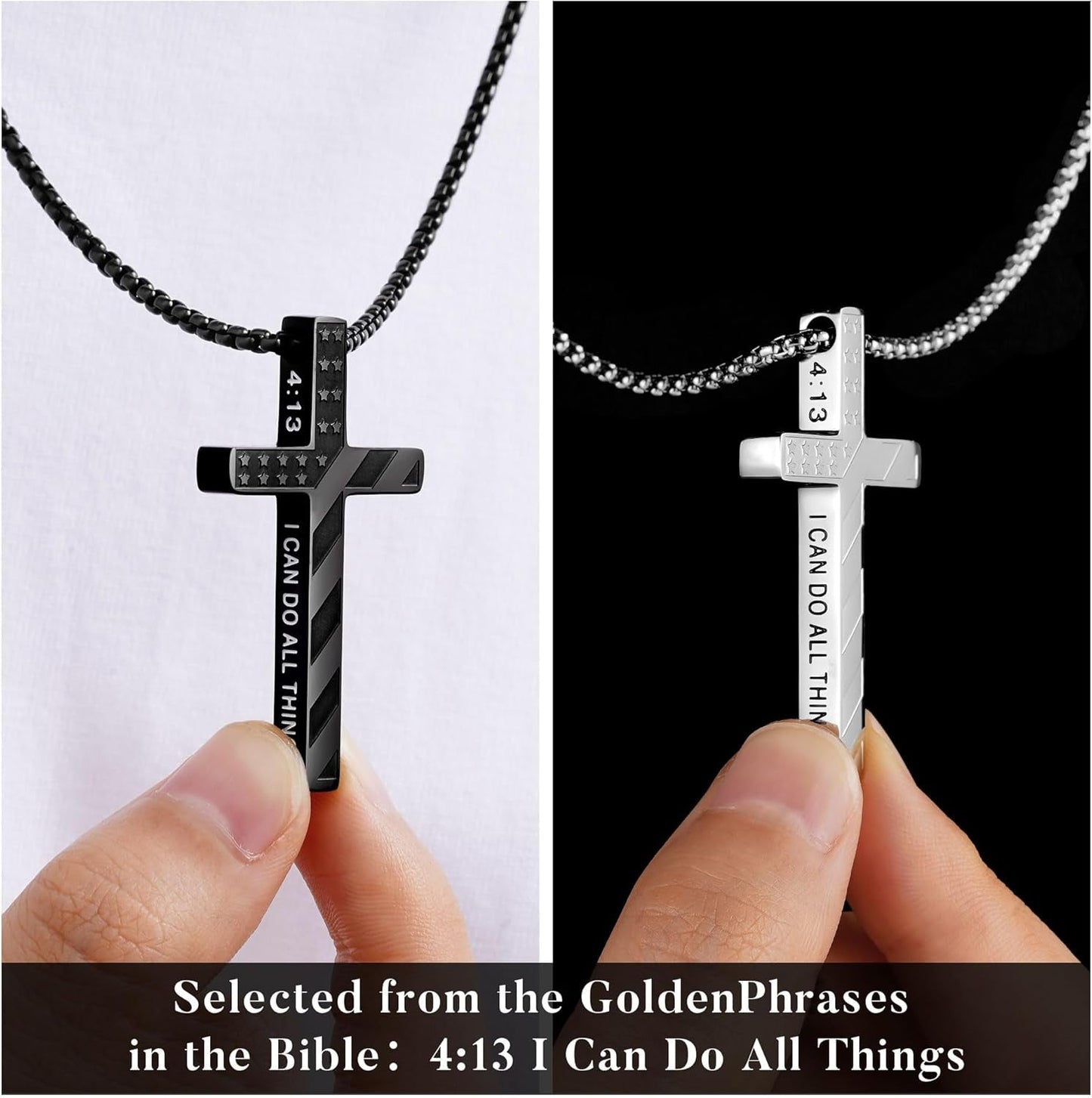 Valentines Day Gifts for Him Men Boys 2 Pcs Cross Necklace - Silver Black Stainless Steel Bible Verse Cross Chain Pendant Necklace for Men Christian First Communion Jewelry Gift 18-24 Inches