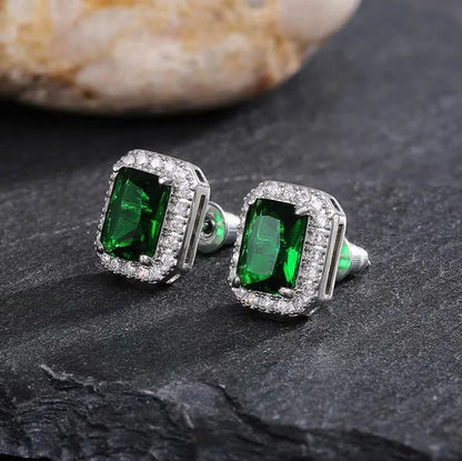 Fashion Jewelry 925 Sterling Silver Emerald Ear Studs Diamond Earrings