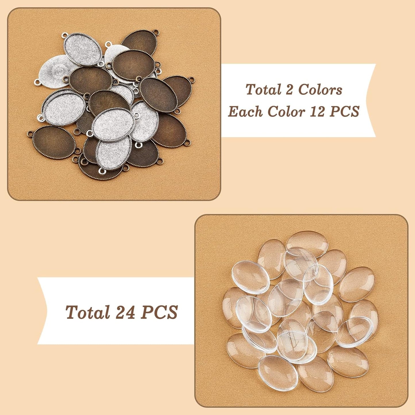 24Pcs Double Holes Photo Charms Connector Pendant Tray Blanks Bezel Cabochon Settings with 24Pcs Glass Cabochon Tiles Memorial Photo Pendant for Bouquet Wedding Graduation Photo Charm