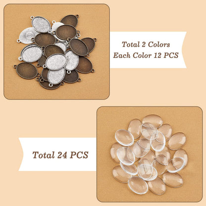 24Pcs Double Holes Photo Charms Connector Pendant Tray Blanks Bezel Cabochon Settings with 24Pcs Glass Cabochon Tiles Memorial Photo Pendant for Bouquet Wedding Graduation Photo Charm