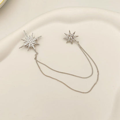 Silver Rhinestone Star Brooch for Women Girls Men Fashion Crystal Snowflake Tassel Lapel Pins Dress Suit Accessories Bouquet Dainty Jewelry Winter Holiday Dancing Party Ceremony Banquet Decoration
