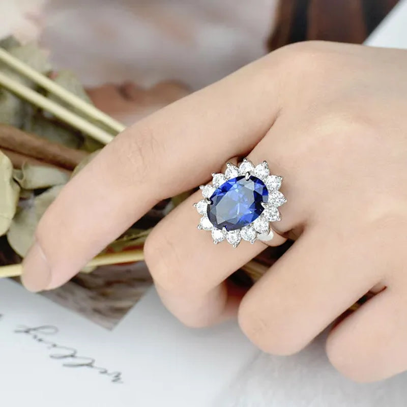 Newshe 6 Carats Oval Created Blue Tanzanite Gemstone Statement Ring for Women AAA CZ Cocktail Party Ring 925 Sterling Silver Sz 5-12