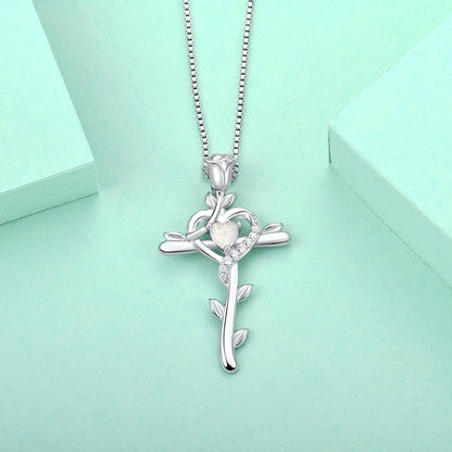 Rose Cross Necklace 925 Sterling Silver Heart Crucifix Pendant Birthstones Jewelry for Women