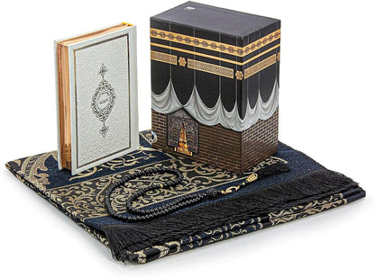 Muslim Prayer Rug and Quran with Prayer Beads, Kaaba Decor Box, Islamic Gift for Women & Men, Elegant Islam Set for Ramadan, Eid, Umrah, Birthday, Travel