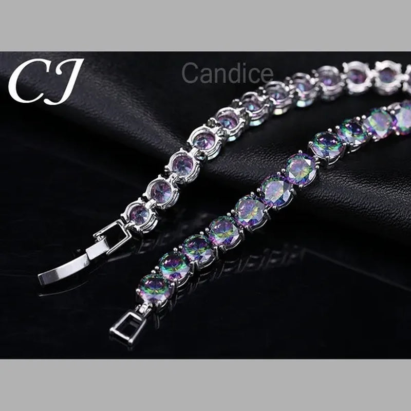 CANDICE Silver Plated Micro Pave round Rainbow Crystal Stone Women Tennis Bracelet for Evening Party Jewelry