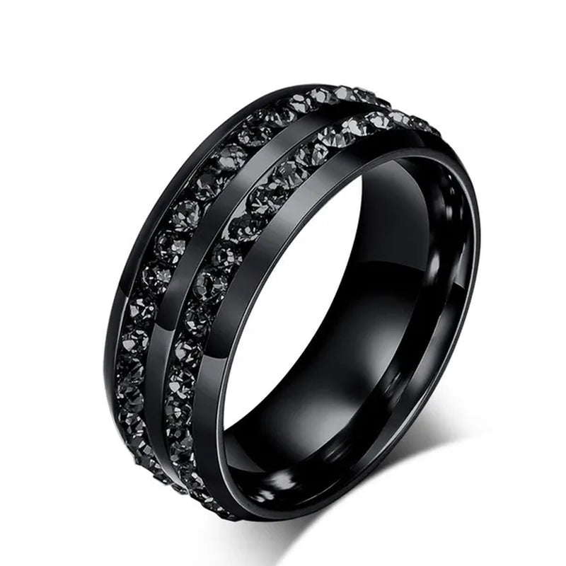 Fashion Exquisite Women Men 8mm Stainless Steel Unique Double Row Crystal Diamond Ring Wedding Band Jewelry Gifts(Size 5-13)