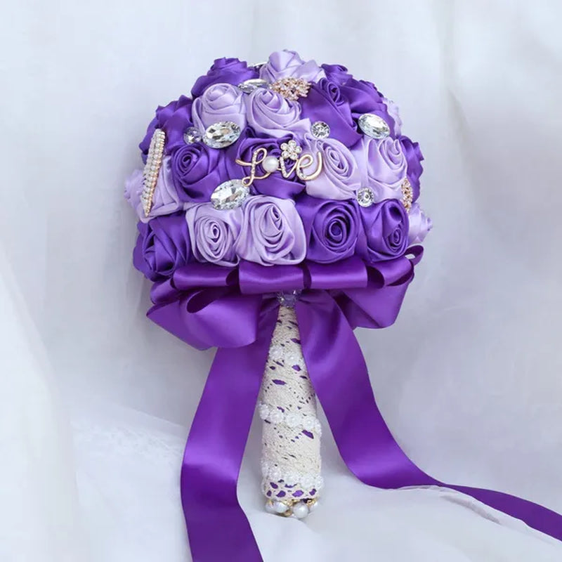 20CM Simulation Silk Rose Wedding Bouquet Diamond Pearl Brooch Bridal Bouquets Romantic Bridesmaid Holding Flowers - WORLD TIME VISITS