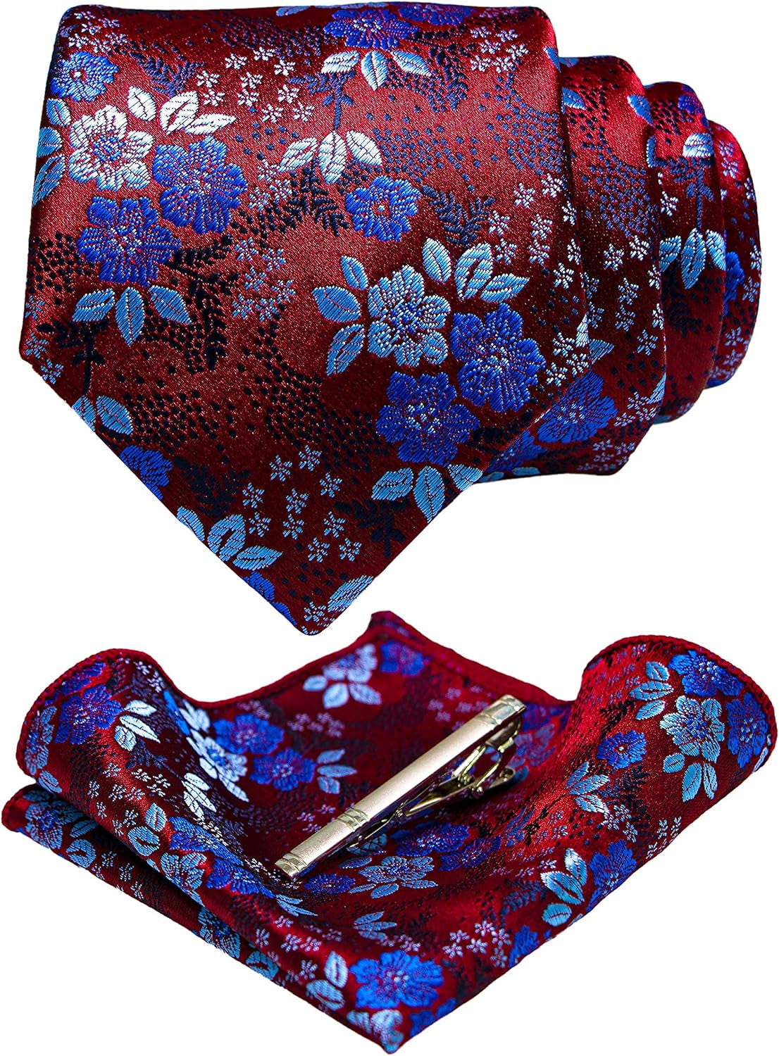 Floral Necktie and Pocket Square Tie Clip Sets for Men - WORLD TIME VISITS