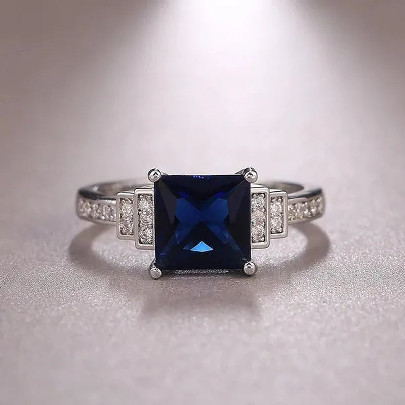 Fashion Jewelry Gemstone 925 Sterling Silver Diamond Cut Square Sapphire Ring Women Size：5-10