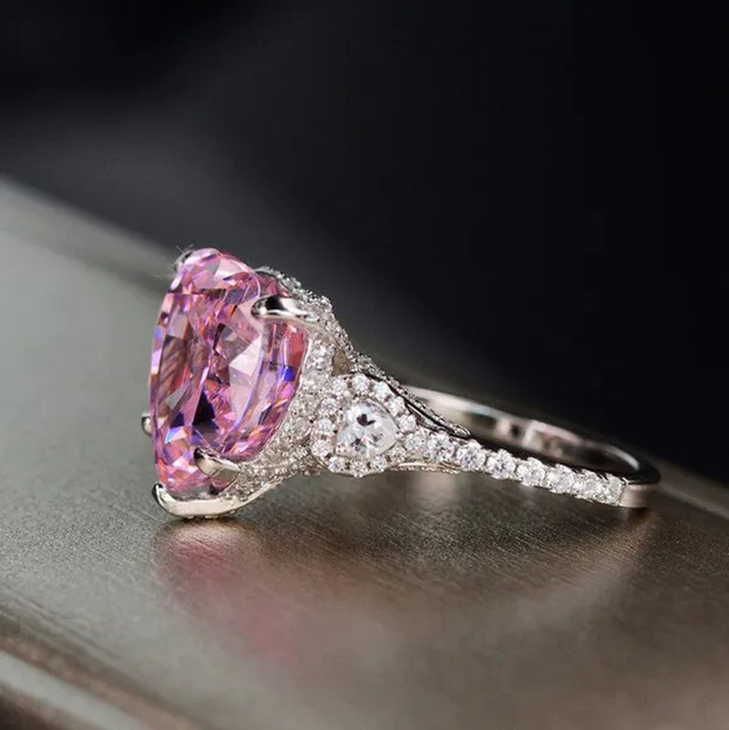 Luxury Silver Plated Simulated Pink Heart-Shaped Lab Diamond Engagement Ring with Side Stones Promise Bridal Ring