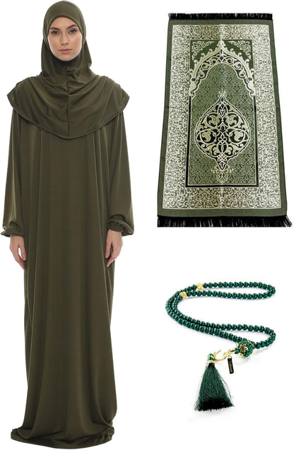 Prayer Dresses for Women Muslim Outfits Abaya One-Piece Niqab Burka Hijab Islamic Prayer Rug & Beads, Islamic Set
