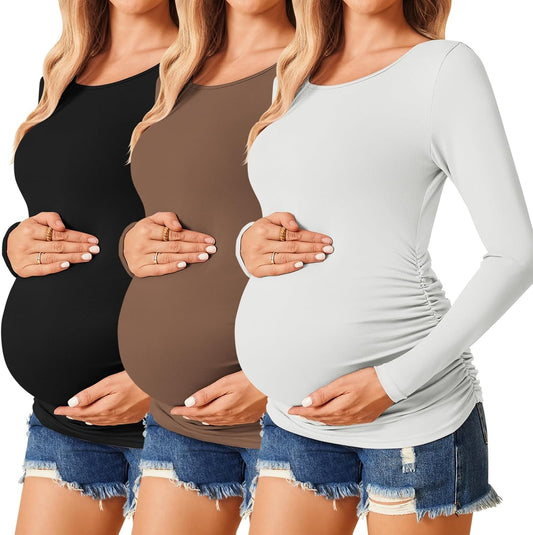 Womens Maternity Shirts Long Sleeve 3 Packs Pregnancy Tee Top Tunic Blouse Casual Mama Clothes S-XXL