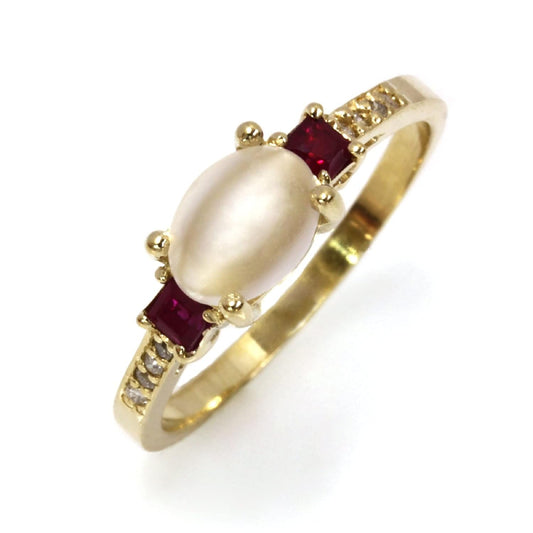 2.65 Ct Tw Natural Cabochon Moonstone, Red Ruby & Diamond Solid 14K Rose Gold 3 Stone Engagement Ring for Women 6 Mm (18K Yellow Gold, 7.5)