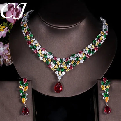 CANDICE Noble Red Crystal Water Drop Pendant Necklace and Dangle Earrings Pave Multi Shape Colorful CZ Stone Women Wedding Party Dress Jewelry Set - WORLD TIME VISITS