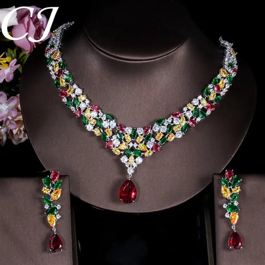 CANDICE Noble Red Crystal Water Drop Pendant Necklace and Dangle Earrings Pave Multi Shape Colorful CZ Stone Women Wedding Party Dress Jewelry Set - WORLD TIME VISITS