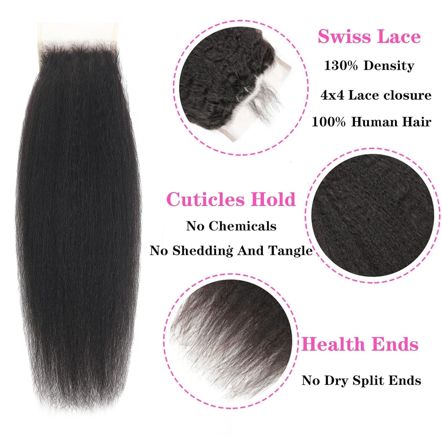 Kinky Straight Human Hair 3 Bundles with 4X4 Lace Closure Free Part 100% Unprocessed Brazilian Remy Yaki Straight Human Hair Extensions with Closure,Natural Black (12 12 12+10Closure)