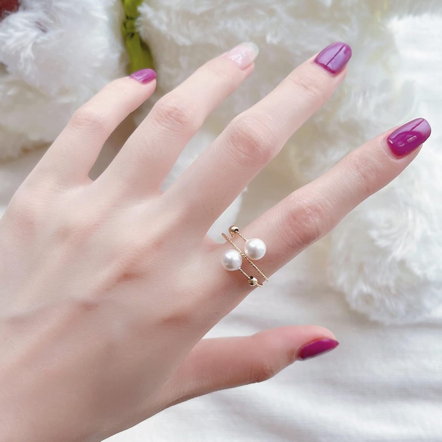 Minimalist Open Rings Adjustable Crystal Pearl Jewelry Anniversary Gifts for Her (Double Laps) (Crystal Pearls)