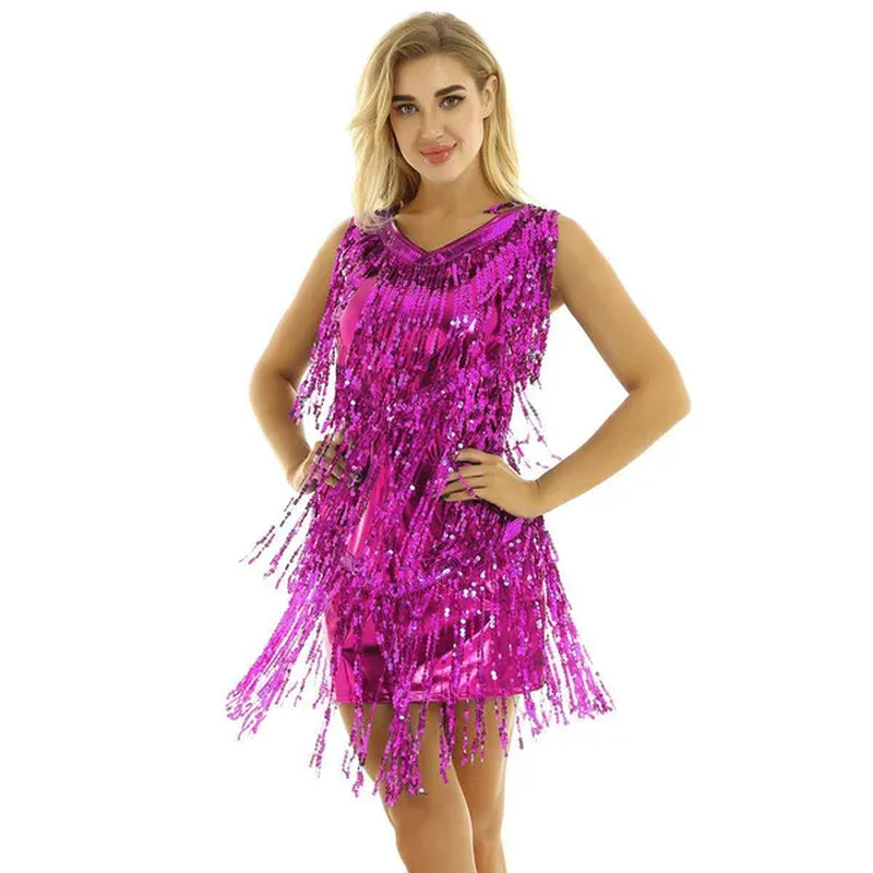 Womens V Neck Sleeveless Sparkling Sequin Tassels Ballroom Samba Tango Latin Dance Dress Stage Performance Costumes