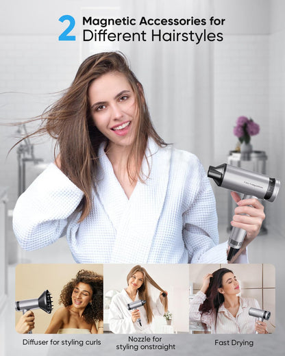 Hair Dryer - High-Speed 150,000 RPM Hairdryer for Fast Drying, 500Million Negative Ionic & Thermo-Control & Cool Shot Button & Lightweight & HD Display Blow Dryer with Magnetic Diffuser & Nozzle
