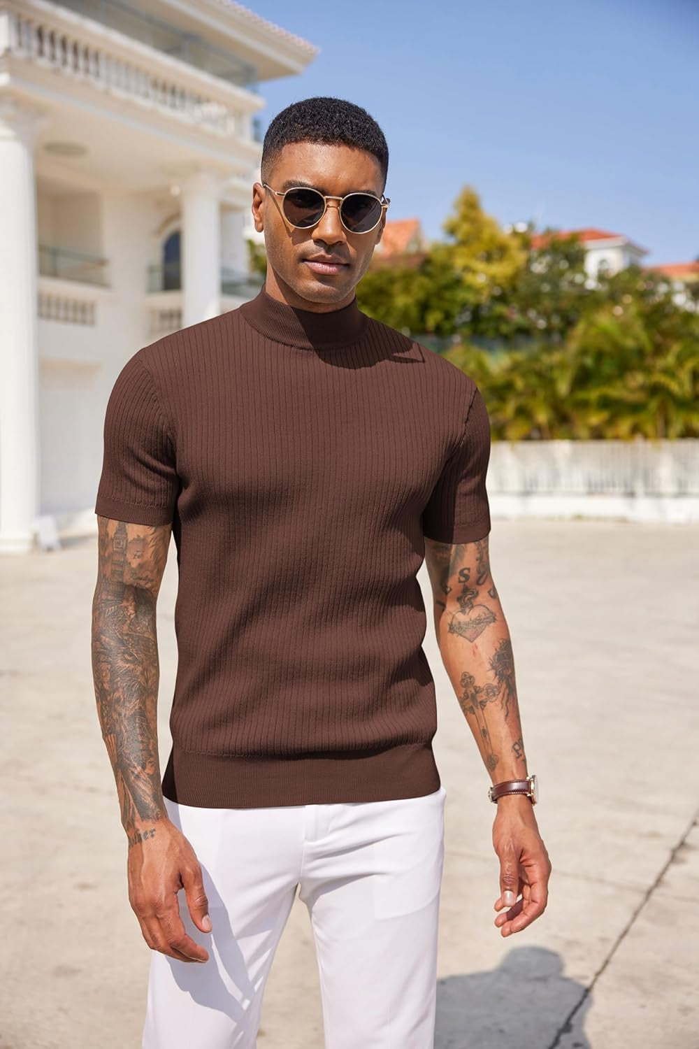 Men'S Mock Turtleneck Sweater Short Sleeve Casual Basic Tops Ribbed Knit Pullover Solid Tee