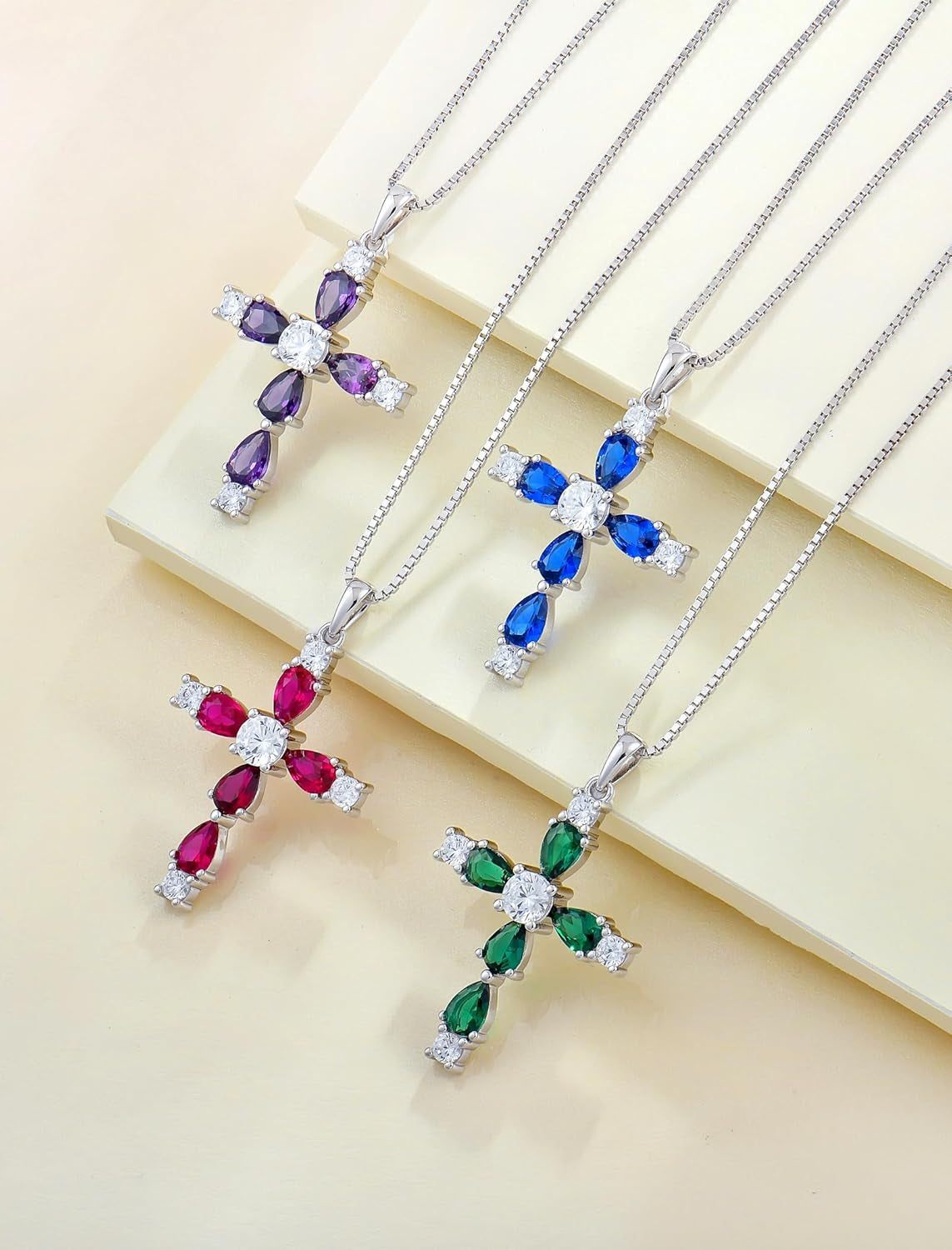 Cross Necklace for Women 925 Sterling Silver Halo Gemstone Pendant Birthstone Religious Jewelry for Mom