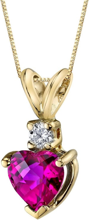 14K Yellow Gold Created Ruby with Genuine Diamond Pendant for Women, Heart Shape Solitaire, 6Mm, 1 Carat Total